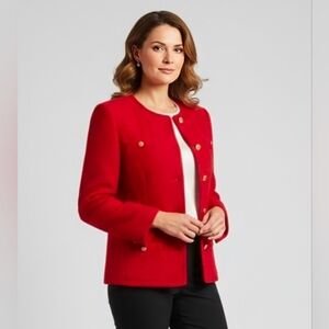 Brooks Brothers Wool Jacket Size 6 Red Boucle Blazer 3/4 Sleeve